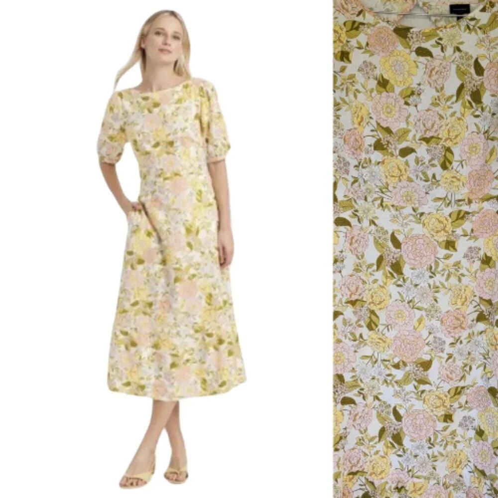 Who What Wear Floral Maxi Dress Linen Blend Short Sleeve Pastel Colors Women L